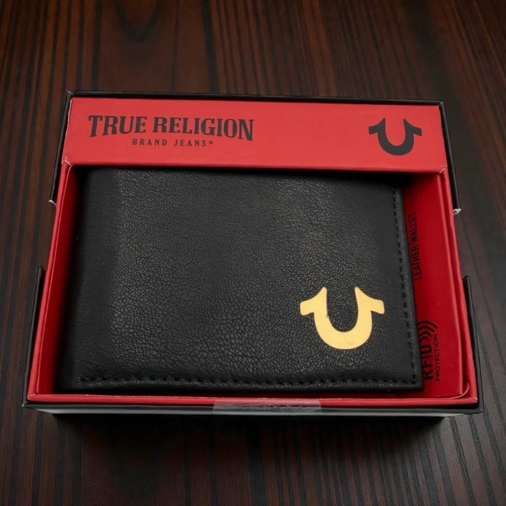 True Religion Black Leather Bifold Wallet Flip Slot New RFID